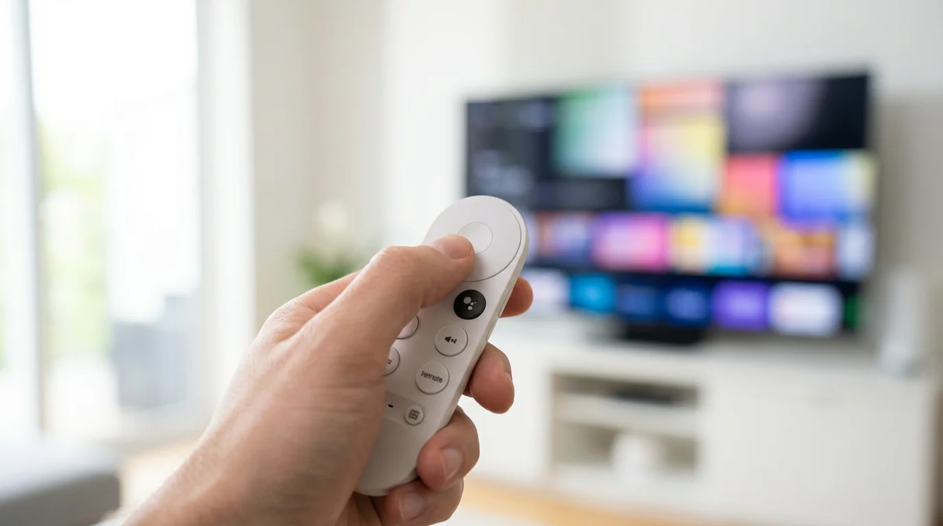 Hand holding a Google TV remote in front of a blurred television interface.