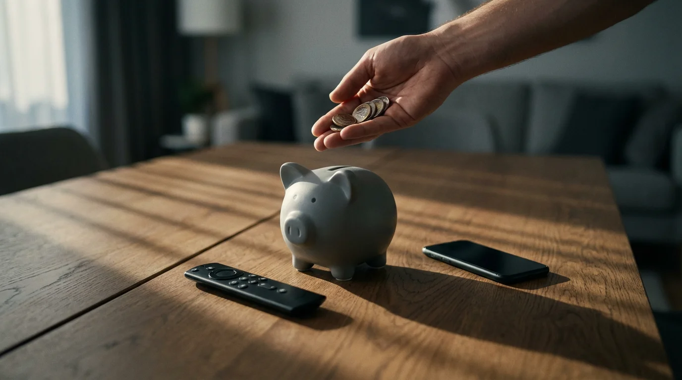 Hand holding coins over a piggy bank next to a TV remote on a table.