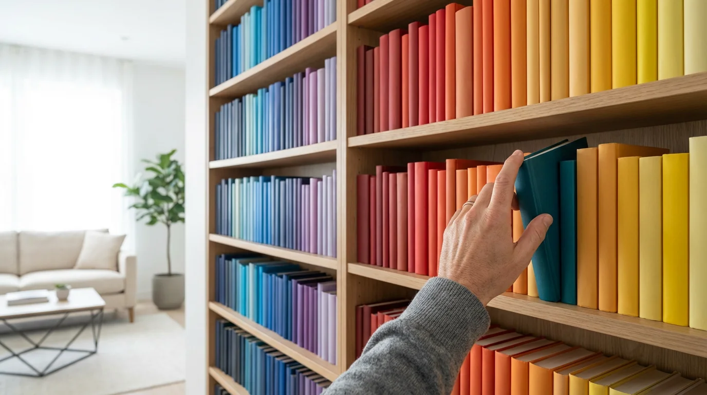Hand selecting a specific book from an organized color-coded library shelf.