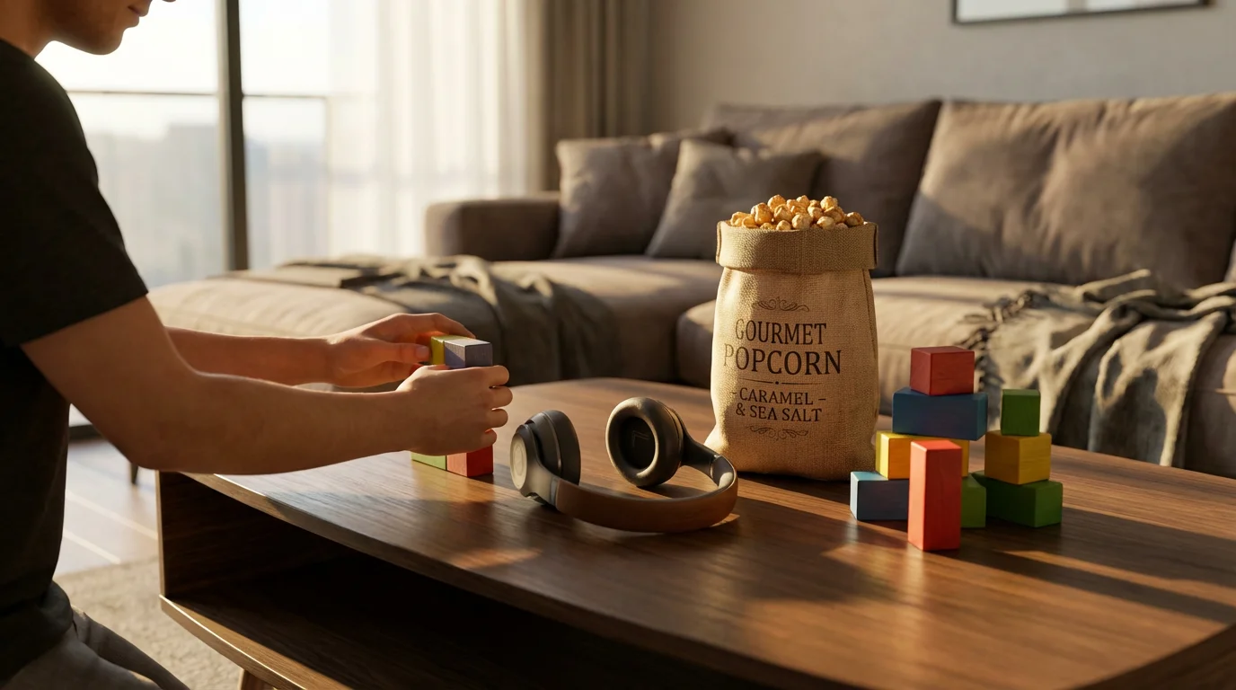 Hands arranging headphones, popcorn, and blocks on a coffee table during golden hour.