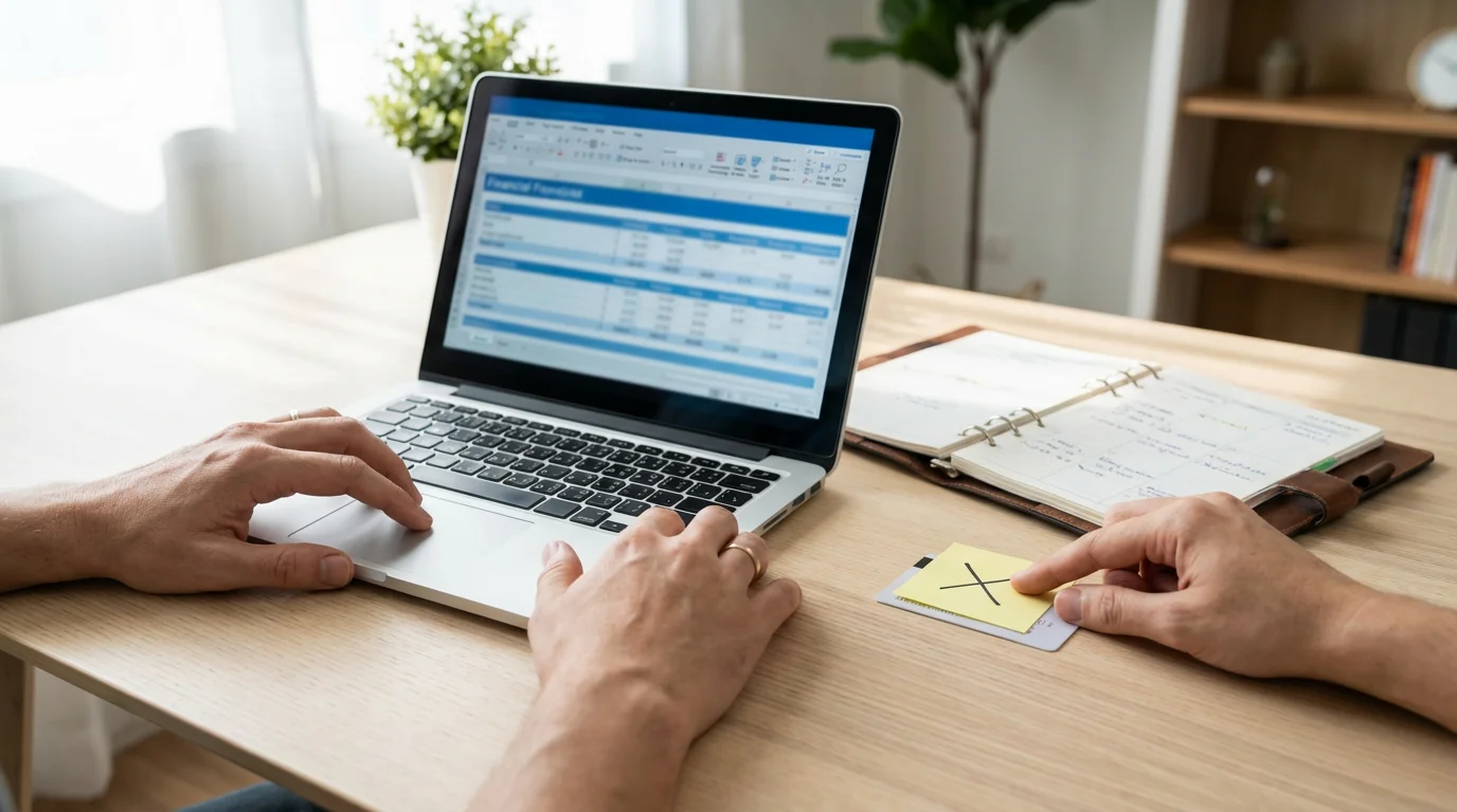 Hands at a desk with a laptop, calendar, and credit card, managing subscriptions.