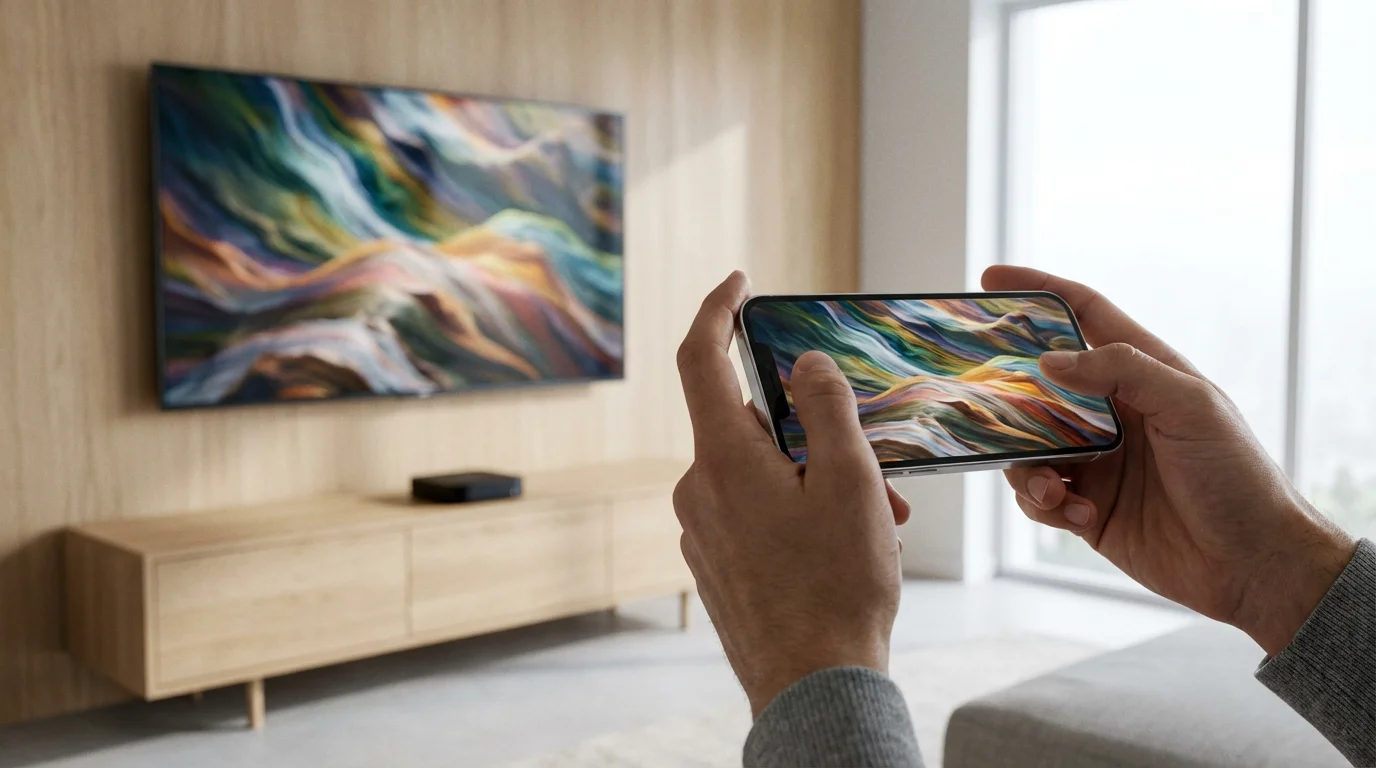 Hands holding a smartphone, mirroring a photo onto a large television in a living room.