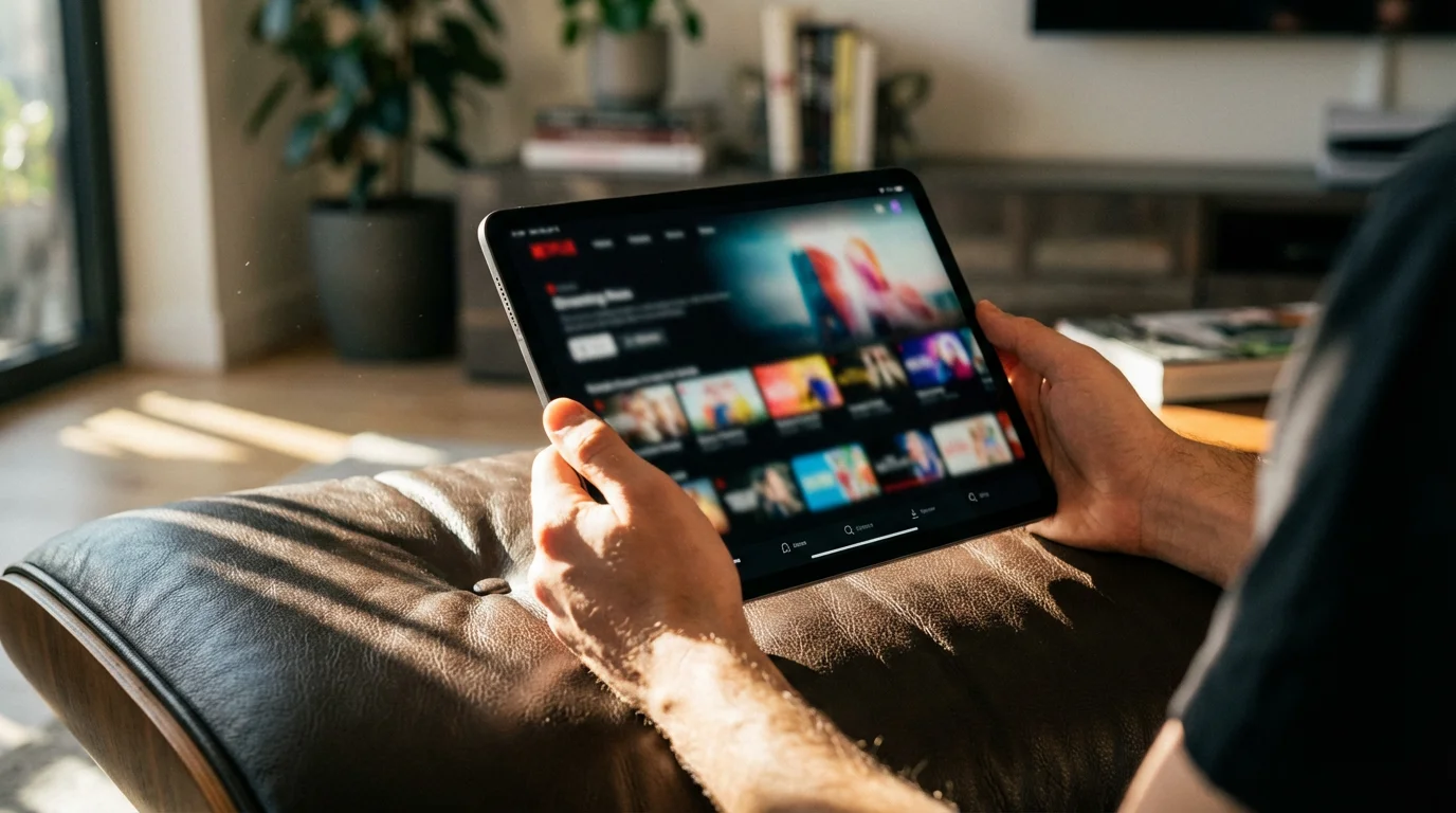 Hands holding a tablet browsing a blurred streaming service interface in a moody, sunlit room.