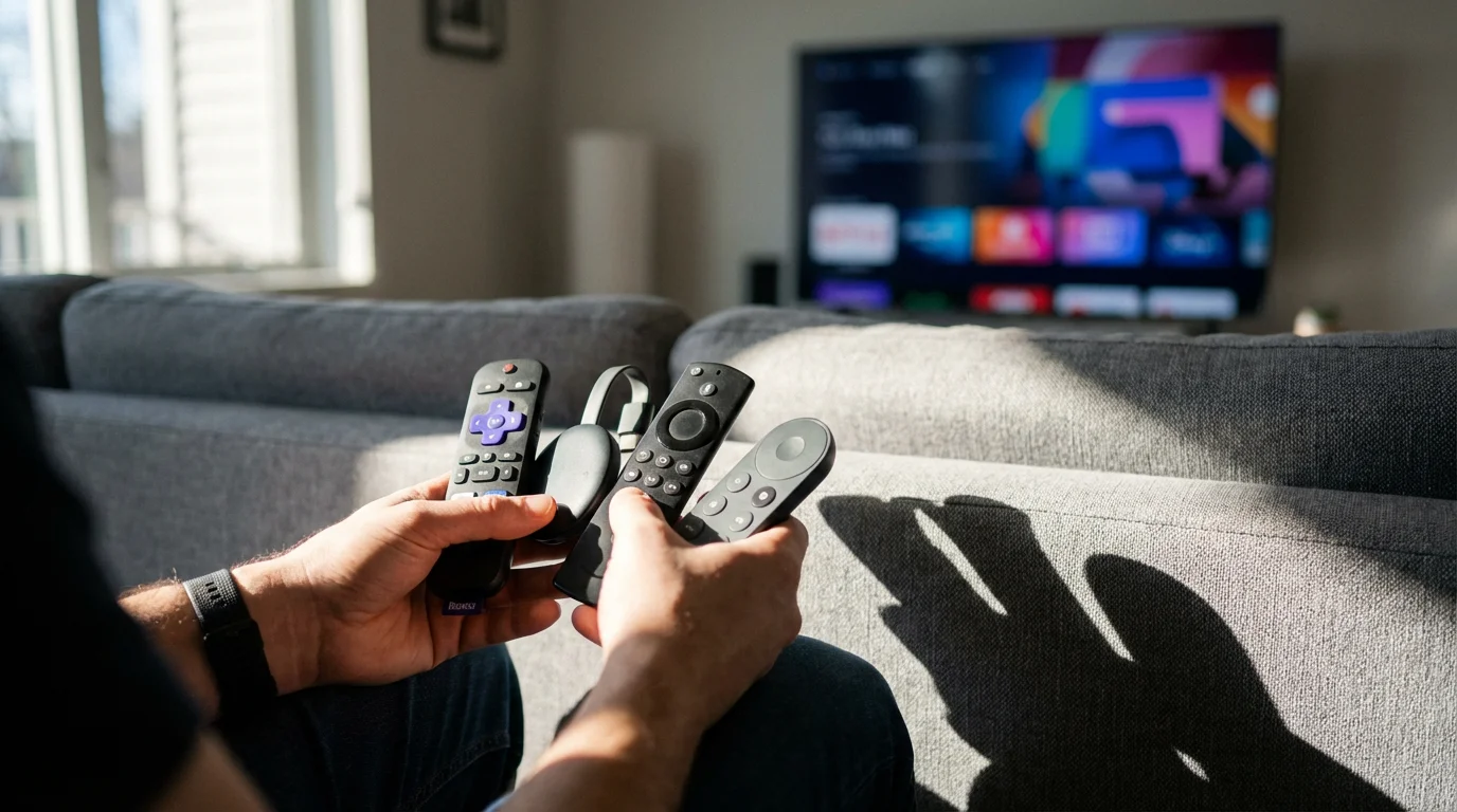 Hands holding various streaming media remotes and a dongle in a sunlit living room.
