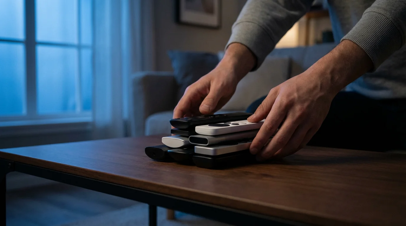 Hands neatly stacking several different streaming service remotes on a coffee table at dusk.