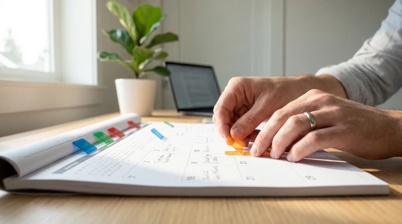 Hands planning a streaming service rotation strategy on a large desk calendar.