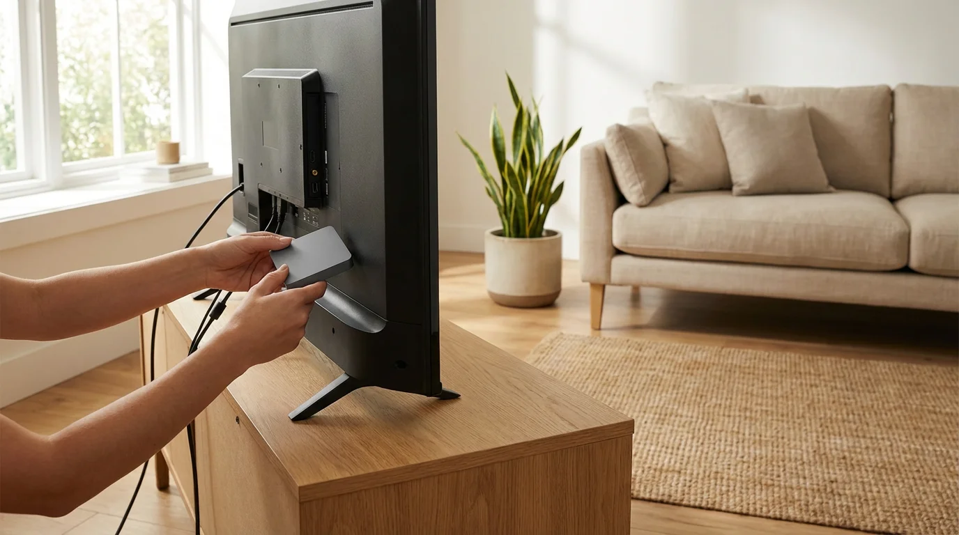 Hands plugging a streaming media device into the back of an older television.