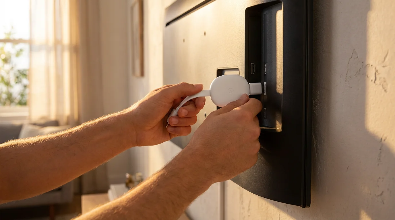 Hands plugging a white Chromecast with Google TV into the back of a television.