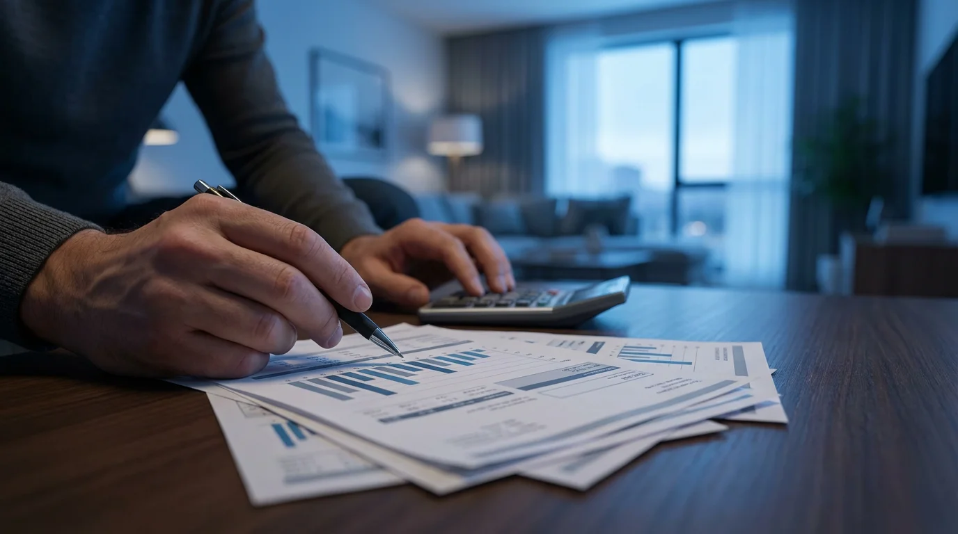 Hands reviewing paper cable bills and a calculator on a wooden table at dusk.