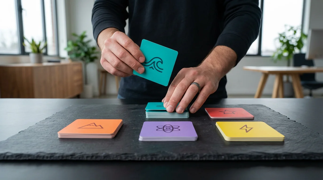 Hands sorting colorful abstract cards representing TV channel lineups on a modern desk.