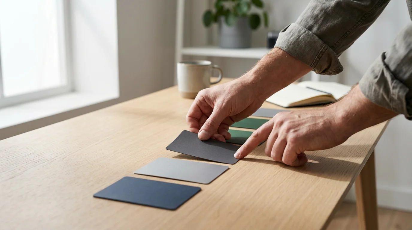 Hands sorting different colored minimalist cards on a wooden desk with natural window light.