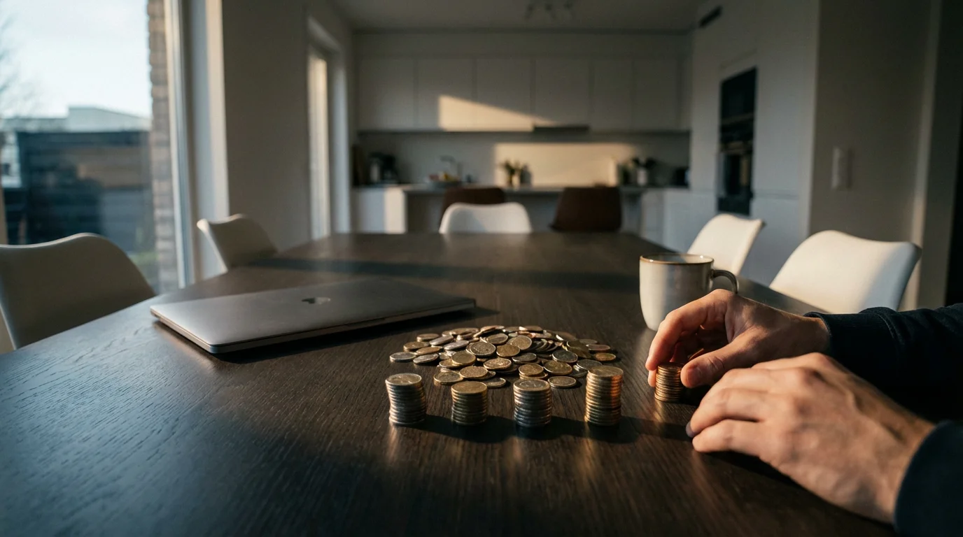 Hands splitting coins into equal piles on a table for shared expense calculations.
