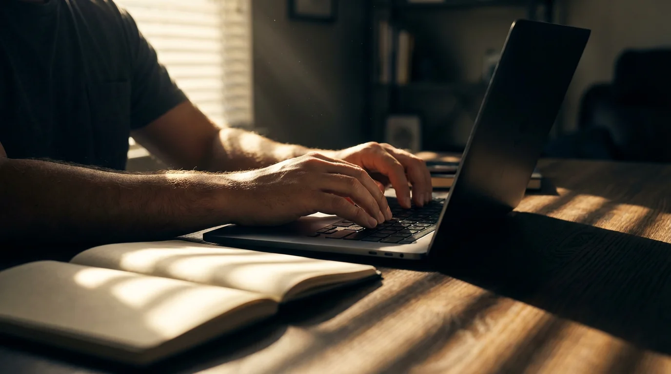 Hands typing on a laptop with dramatic linear shadows from blinds creating a privacy effect.