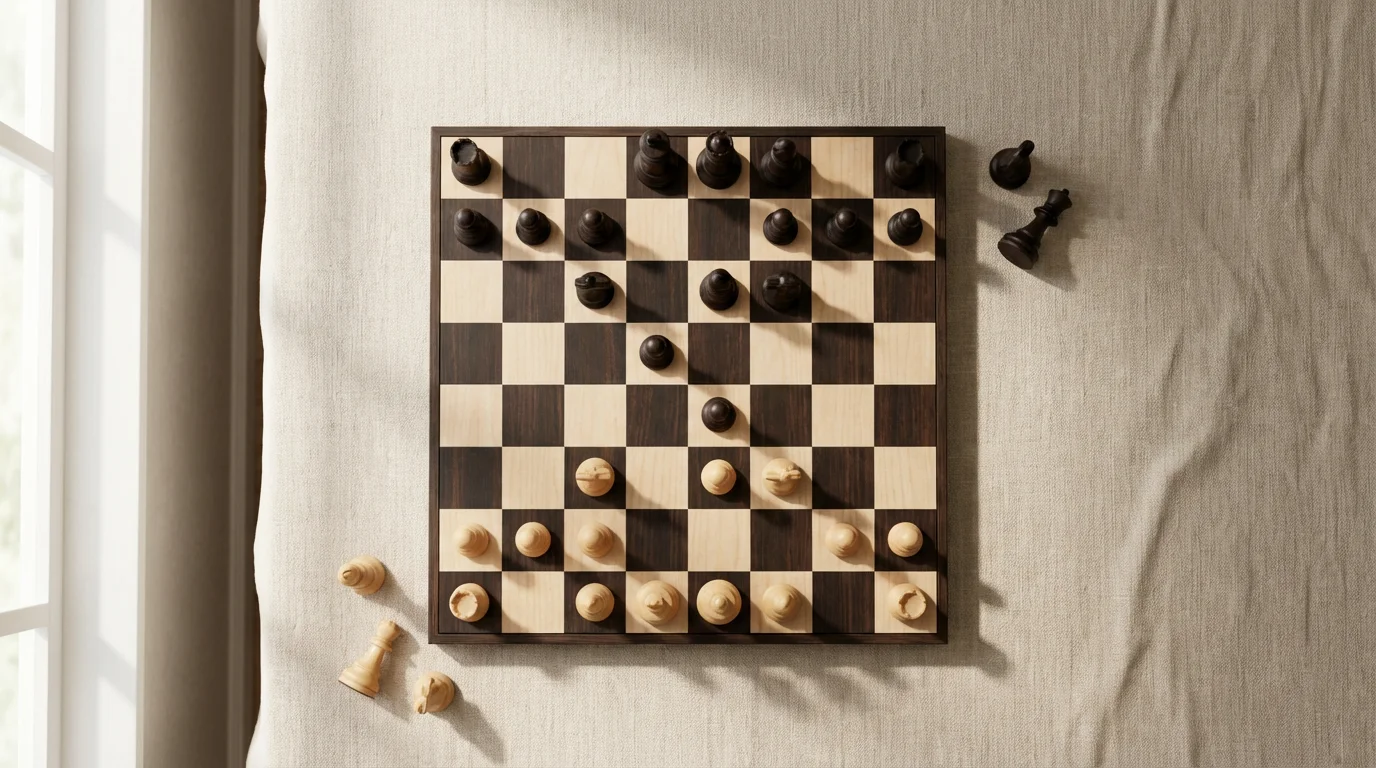 High-angle flat lay of a modern chessboard showing a strategic game in progress.