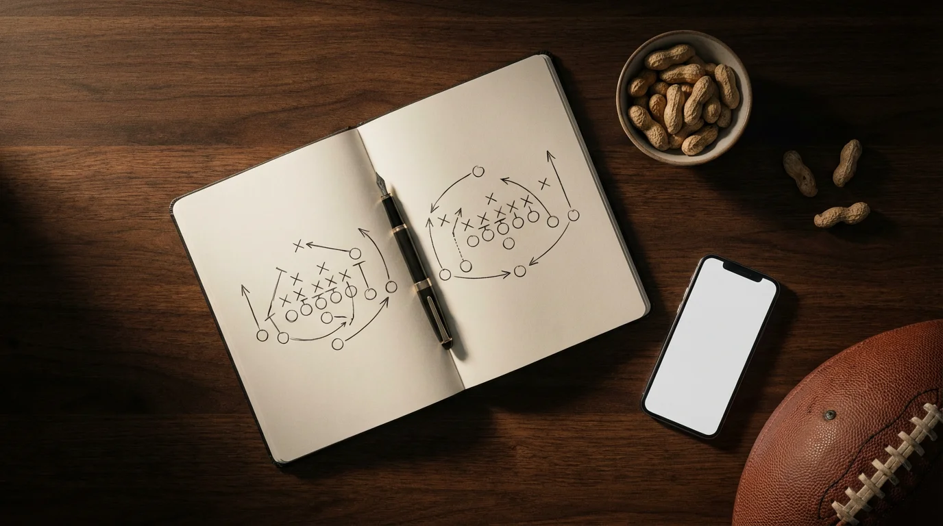 High angle flat lay of a notebook with football diagrams, a pen, a football, and snacks on a wood table.