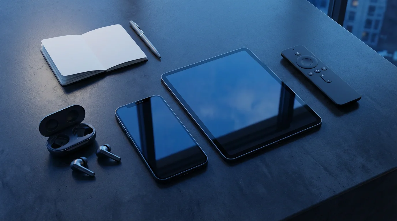 High-angle flat lay of a tablet, smartphone, remote, and earbuds at blue hour.
