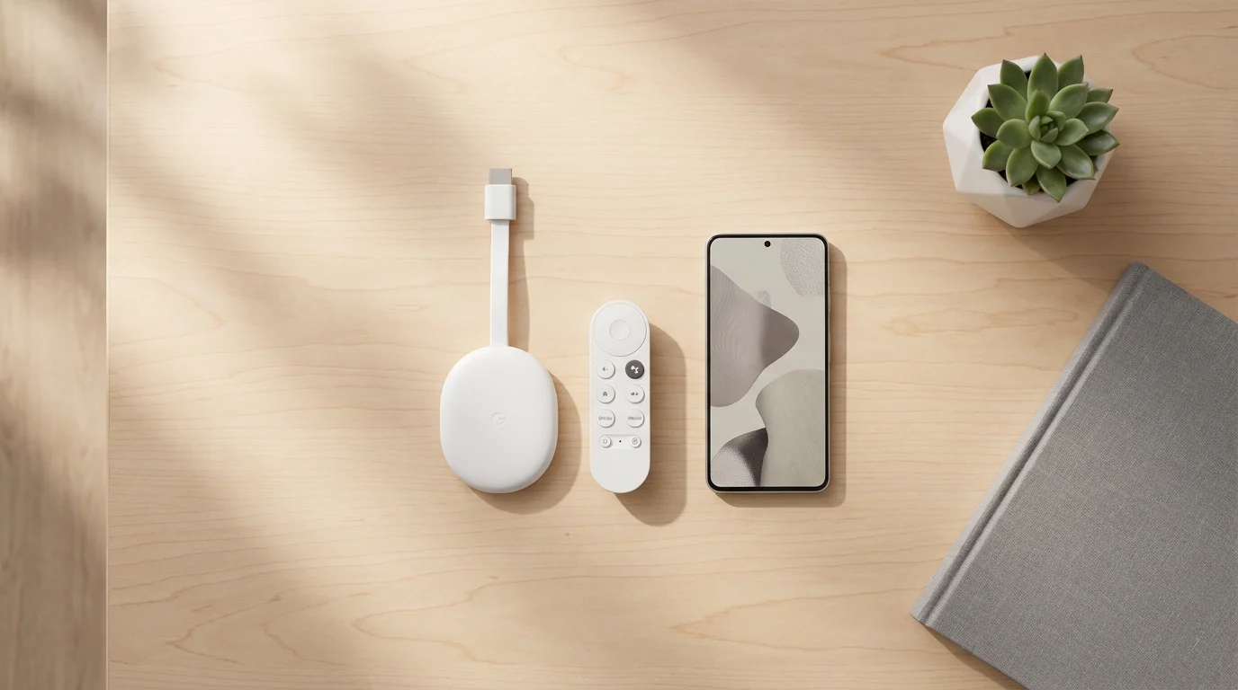 High-angle flat lay of Google Chromecast with remote on a light wood tabletop.