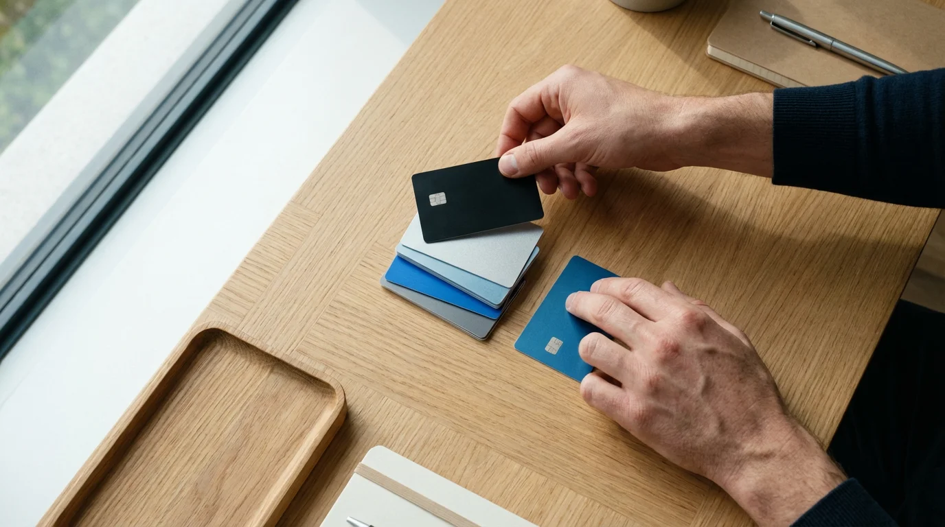 High angle flat lay of hands organizing different colored credit cards on a desk.