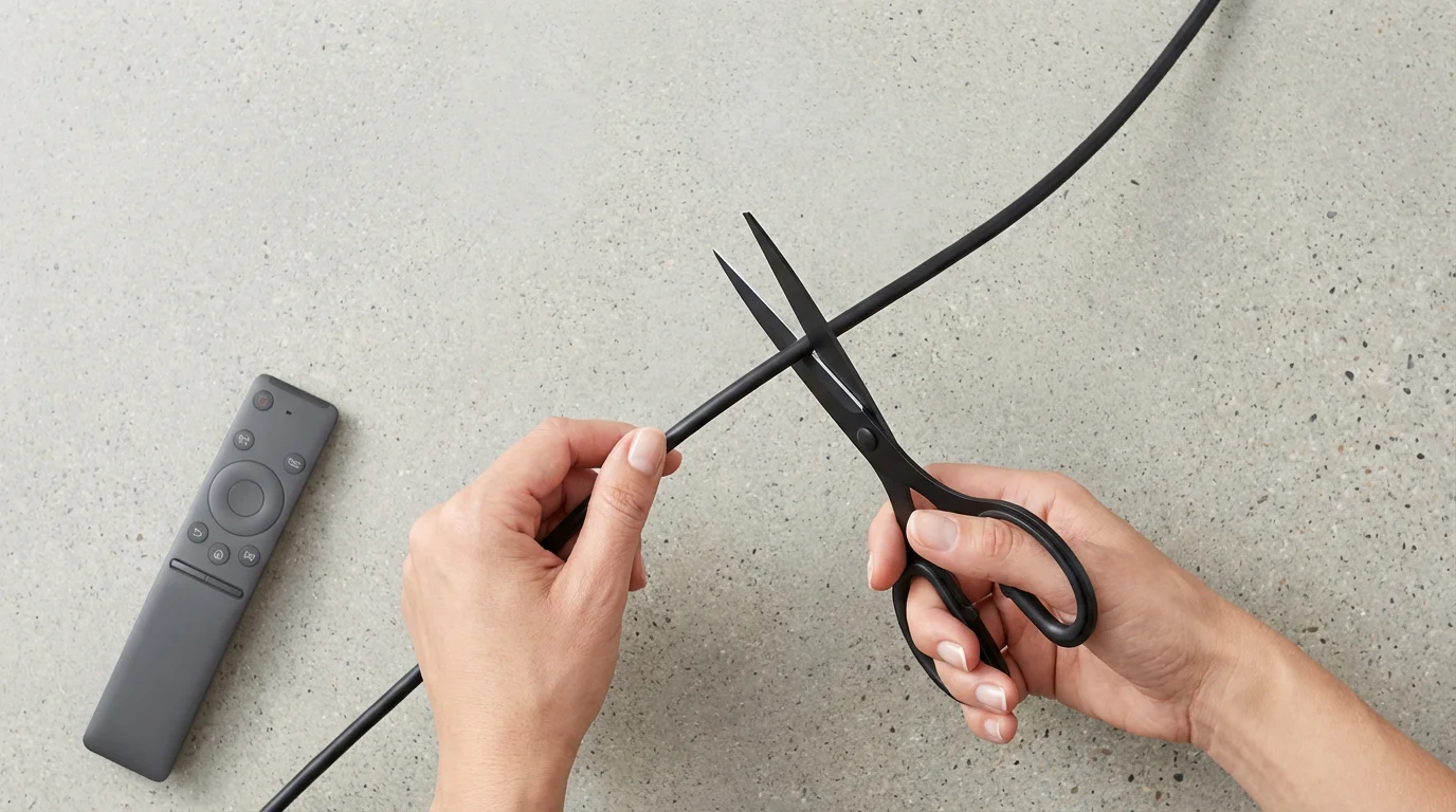 High angle flat lay of hands using scissors to cut a black TV cable.