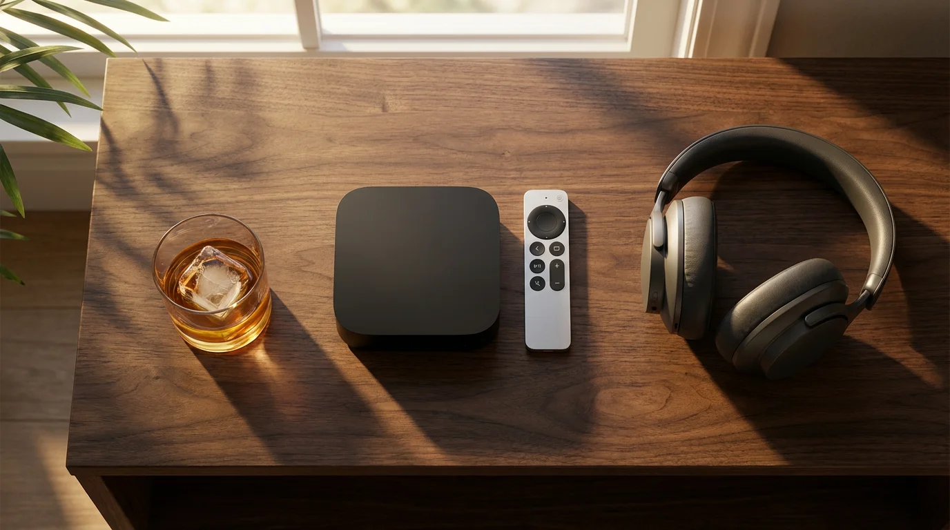 High angle view of a modern streaming device, remote, and headphones at golden hour.
