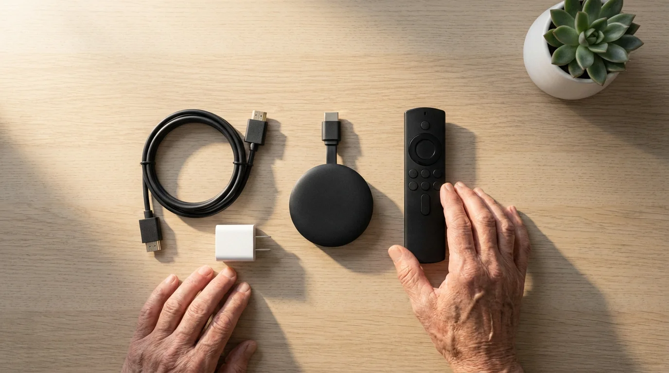 High angle view of an older person's hands setting up streaming device components.