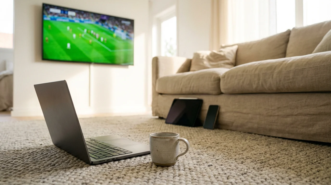 Laptop, tablet, and smartphone in a sunny living room showing multiple streaming devices.