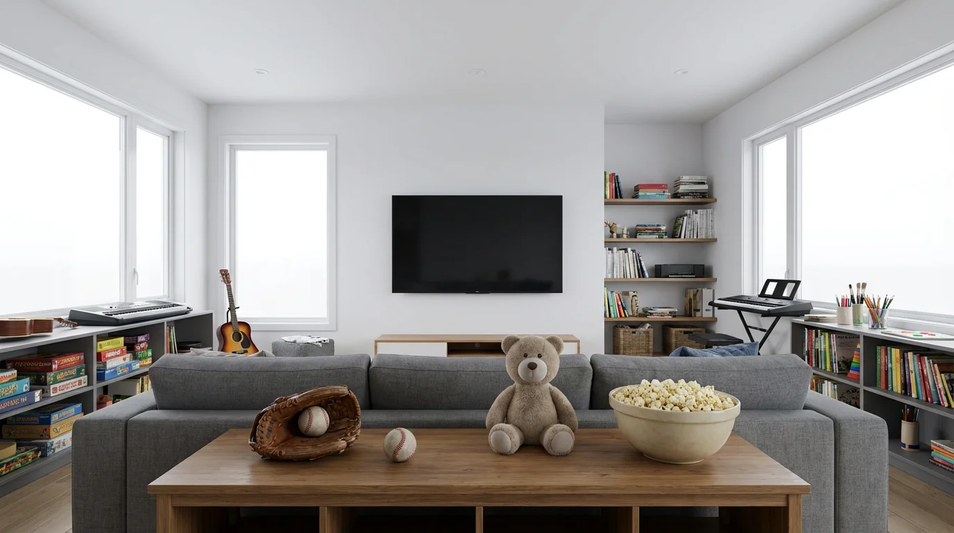 Living room with baseball glove, plush toy, and popcorn bowl on coffee table.