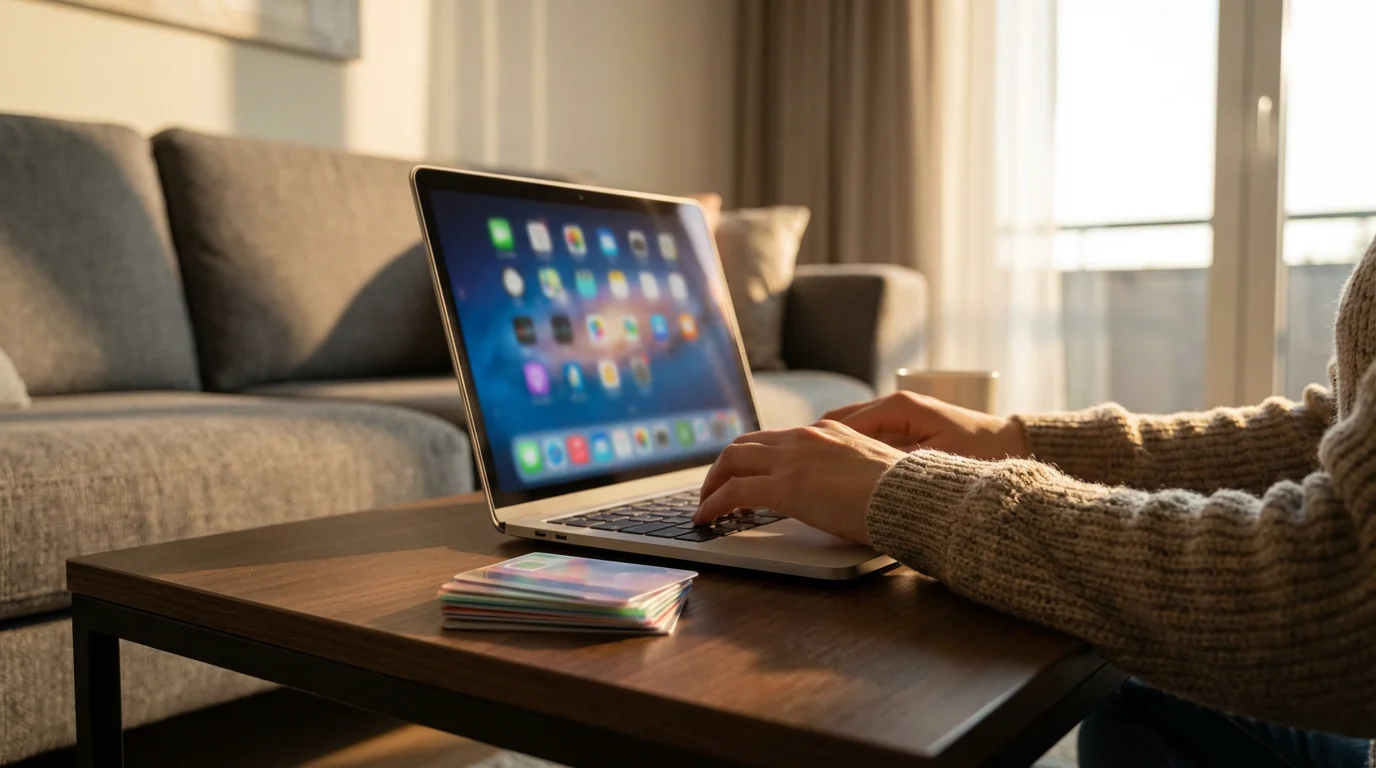 Low angle of a person on a couch managing streaming subscriptions on a laptop.