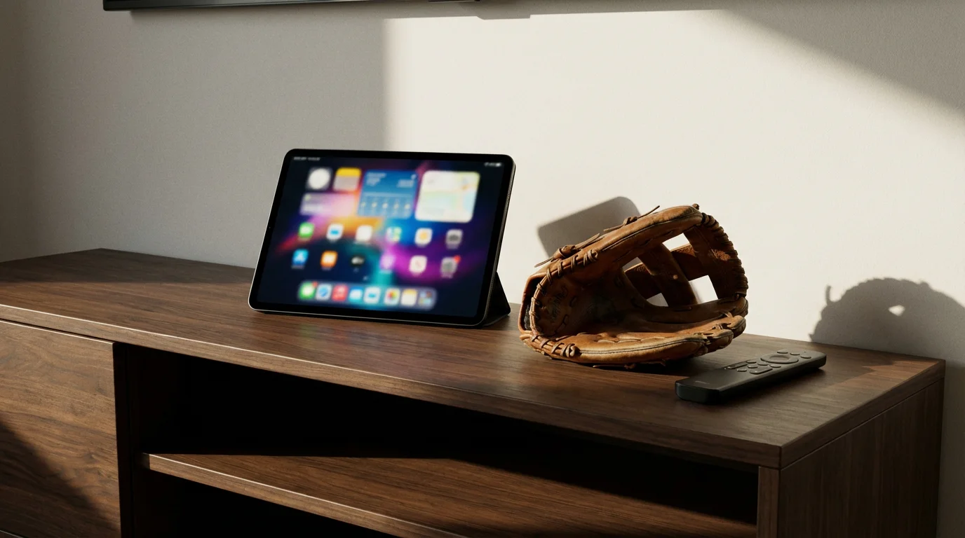 Low angle of a tablet and a leather baseball glove on a media console.