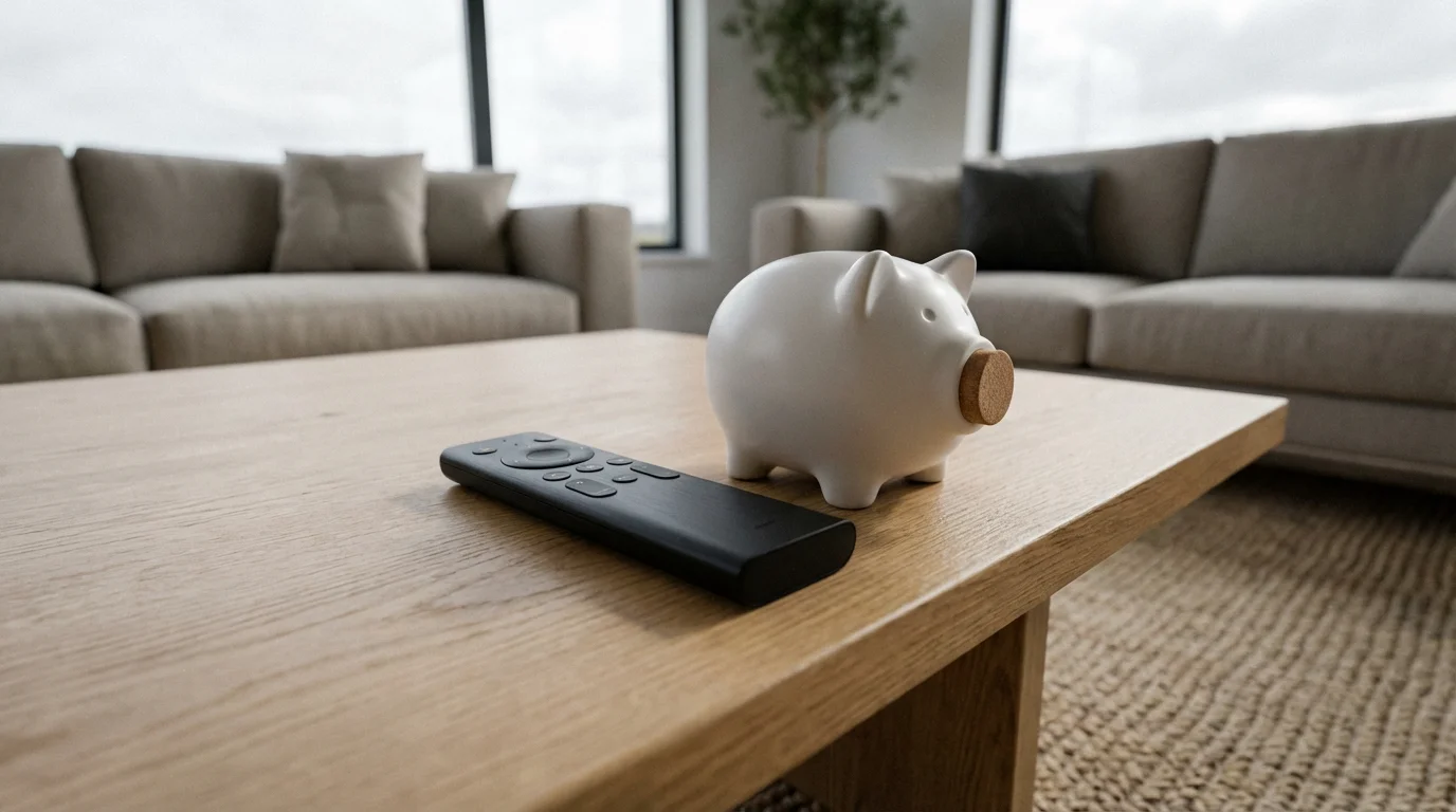 Low angle photo of a modern remote control next to a white piggy bank.