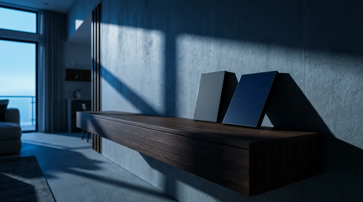 Low angle photo of a nearly empty media shelf during blue hour, representing content leaving streaming.