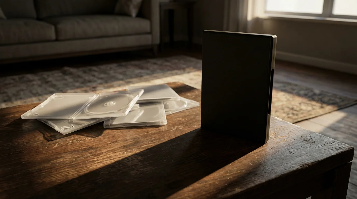Low angle photo of a single black media case standing apart from a stack of generic cases.