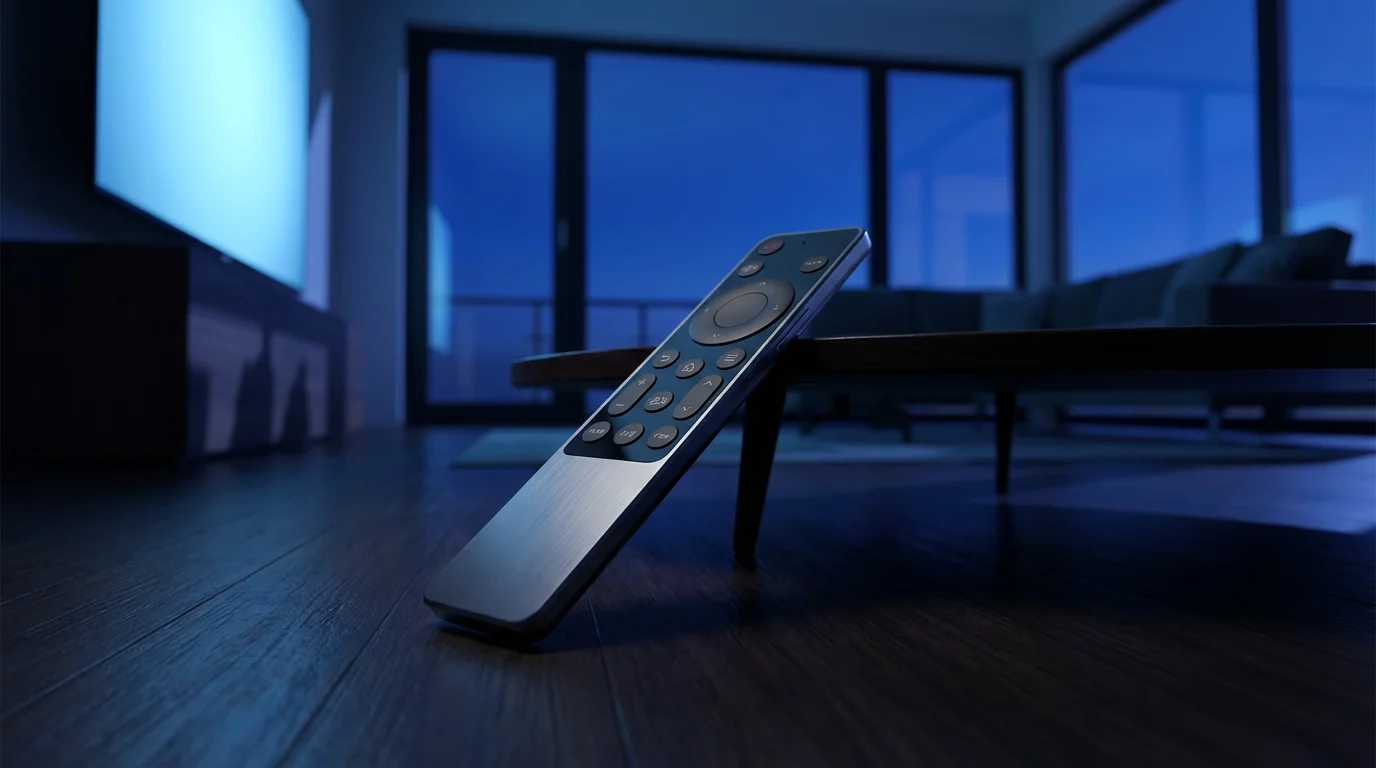 Low angle photo of a TV remote in a blue-lit living room at twilight.