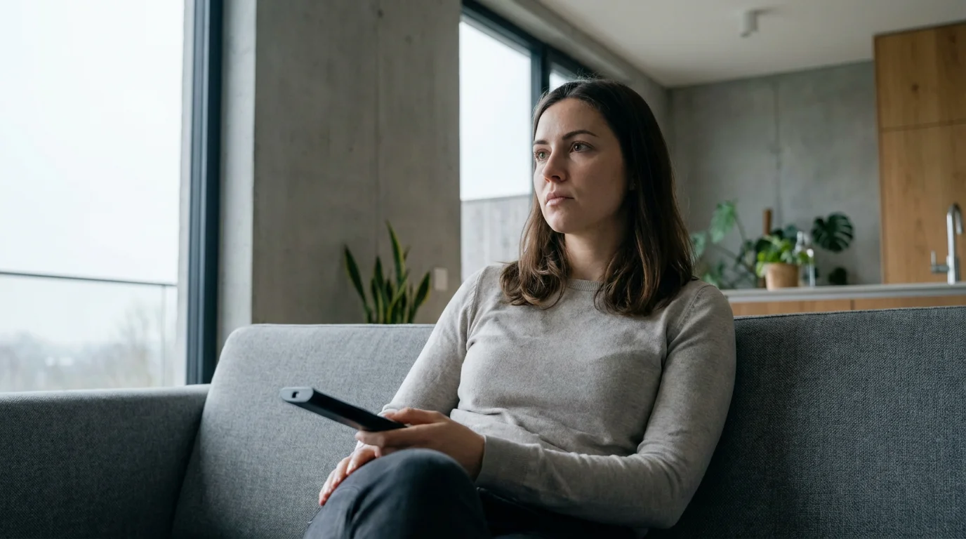 Low angle photo of a woman on a sofa thoughtfully holding a TV remote.