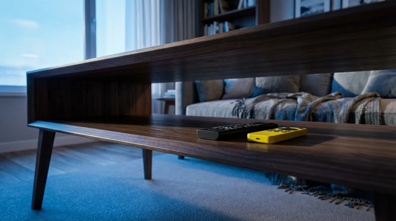 Low angle photo of two streaming remotes, one adult and one child-sized, on a coffee table.