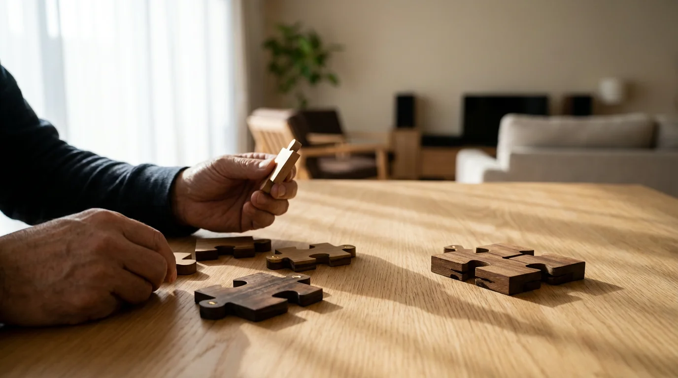 Low angle photograph of hands holding abstract puzzle pieces over a sunlit wooden table.