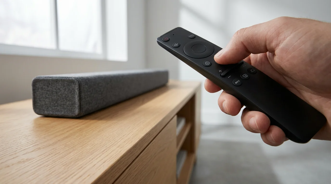 Low angle shot of a hand holding a remote to adjust a sound bar.