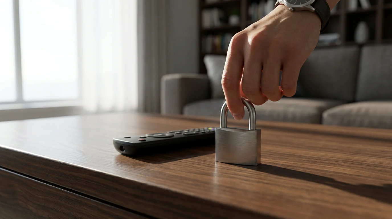 Low angle shot of a hand placing a minimalist padlock next to a TV remote.