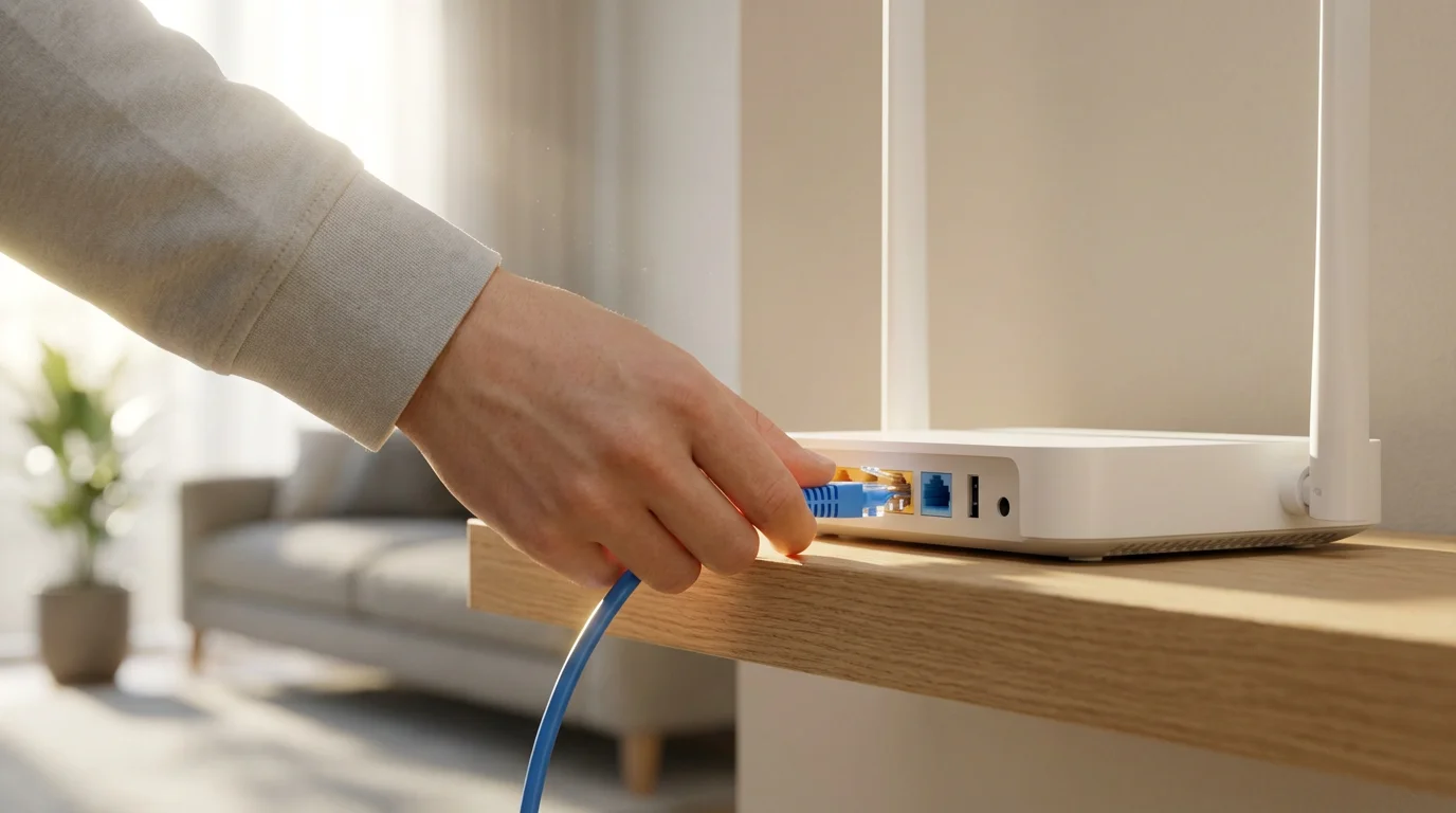 Low angle shot of a hand plugging an ethernet cable into a modern Wi-Fi router.