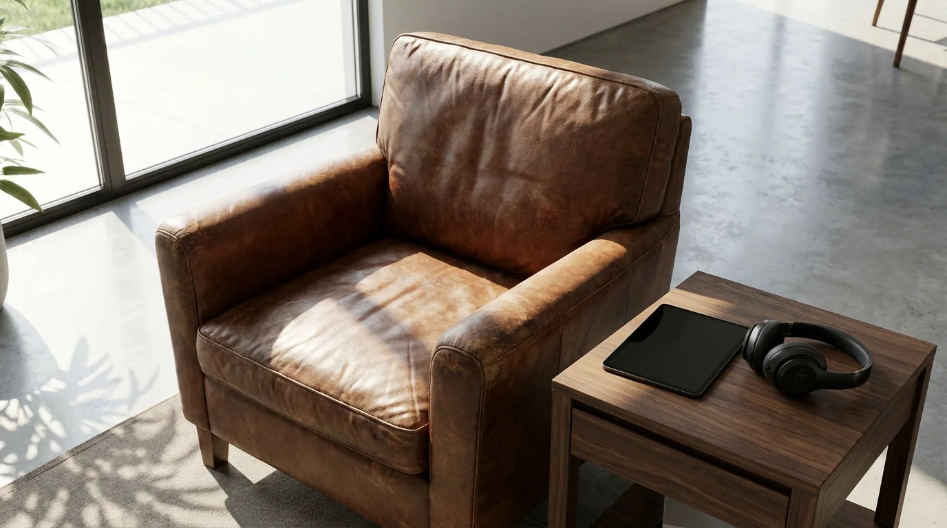 Low angle shot of a leather armchair, tablet, and headphones in a sunlit room.