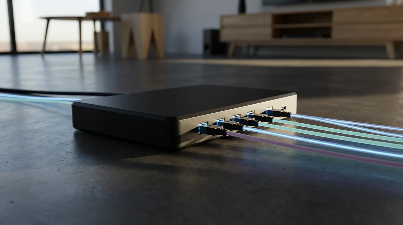 Low angle shot of a modern black tech hub with glowing cables connected.