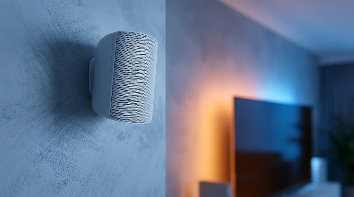 Low angle shot of a modern rear surround sound speaker in an upscale living room.
