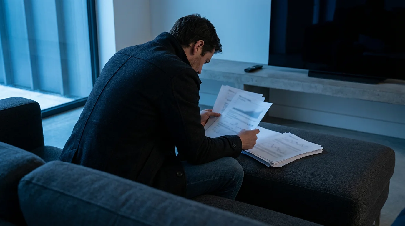 Low angle shot of a person on a sofa at dusk analyzing a complicated-looking bill.