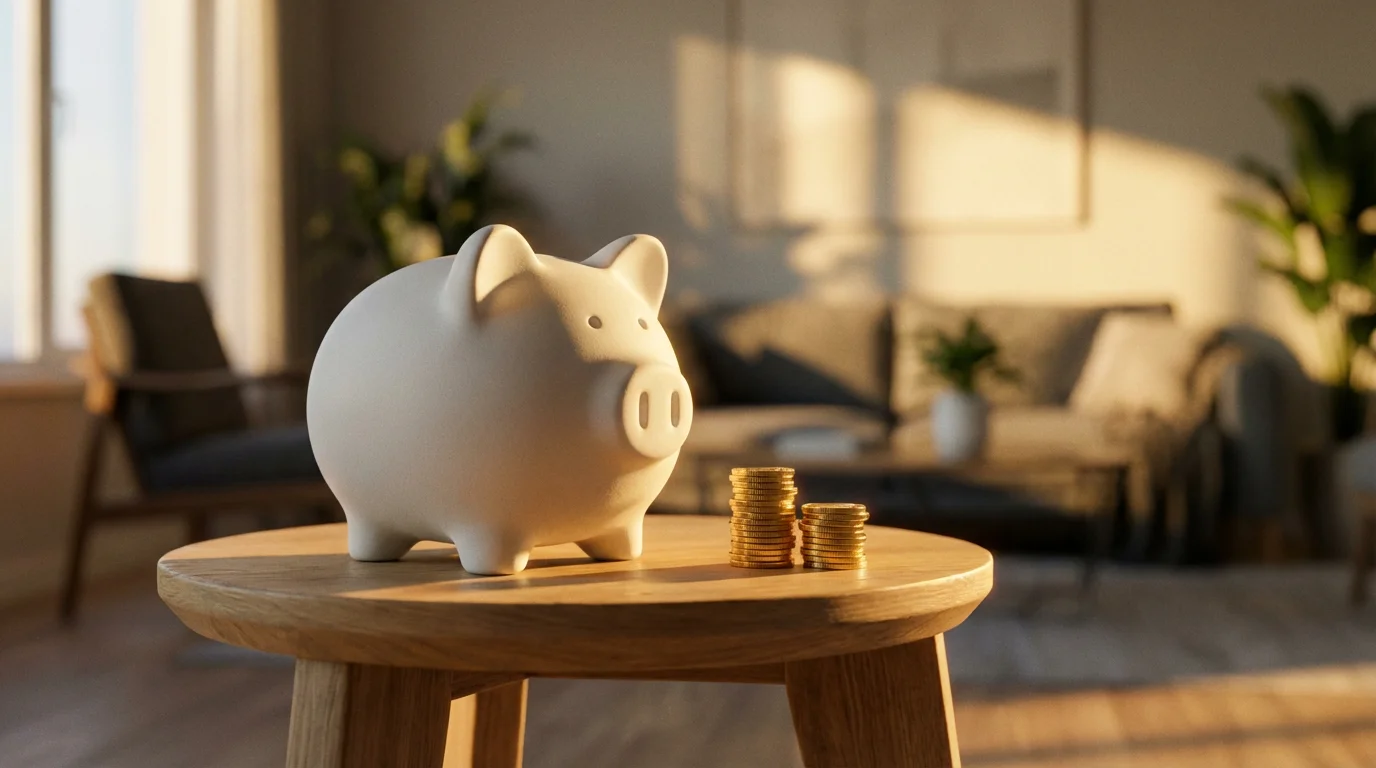 Low angle shot of a white piggy bank and coins representing savings on a table.