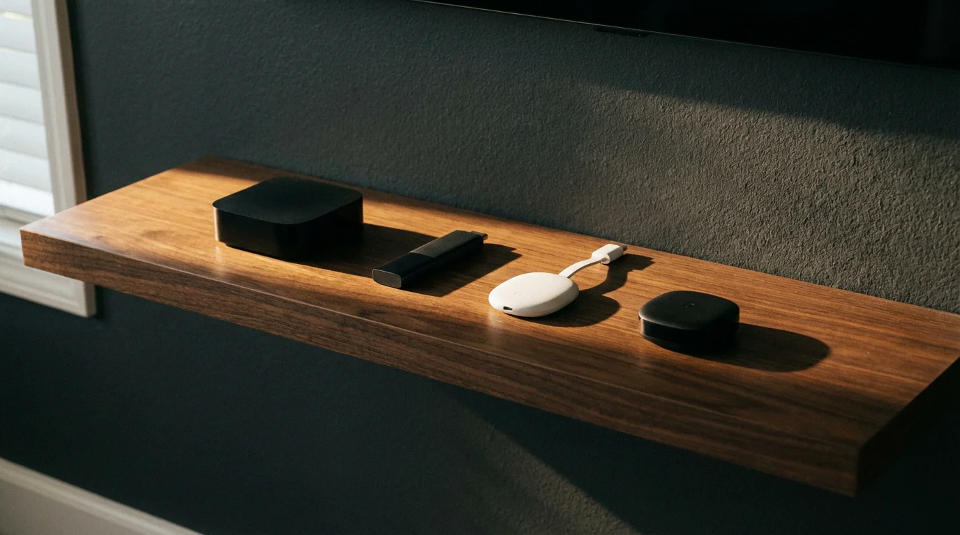 Low angle shot of four different generic streaming media devices on a wooden shelf.
