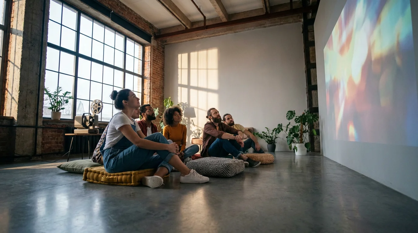 Low angle shot of friends in a sunlit loft watching a movie projected on a wall.