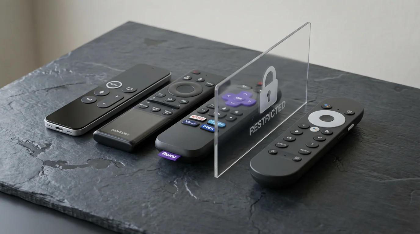 Low angle shot of modern TV remotes with one separated behind a clear barrier.