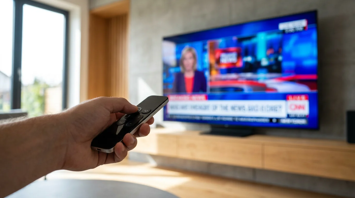Low angle view of a hand holding a TV remote in a sunlit room.