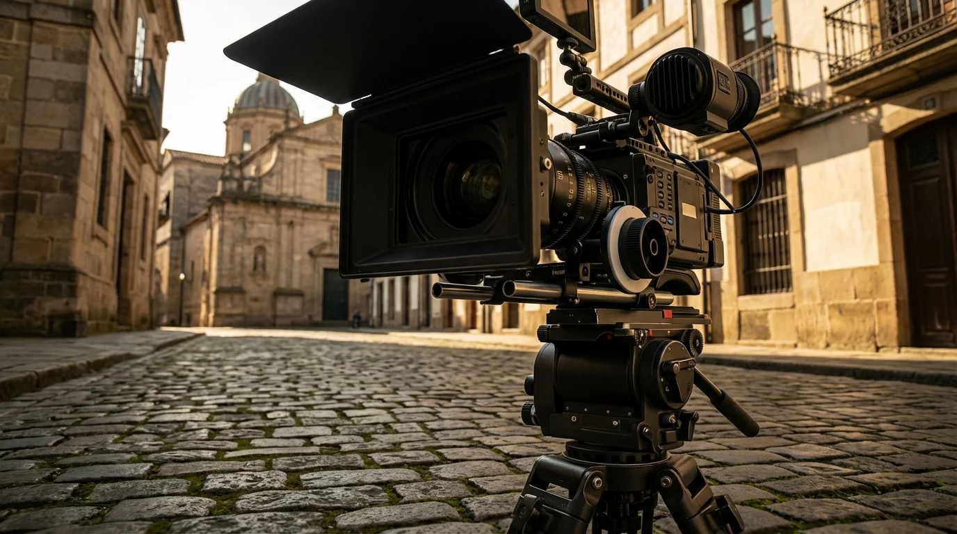 Low angle view of a movie camera on a European street with moody afternoon shadows.
