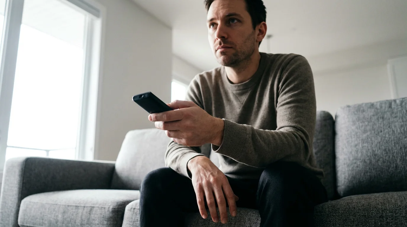Low angle view of a person on a sofa, looking impatiently while holding a smart TV remote.